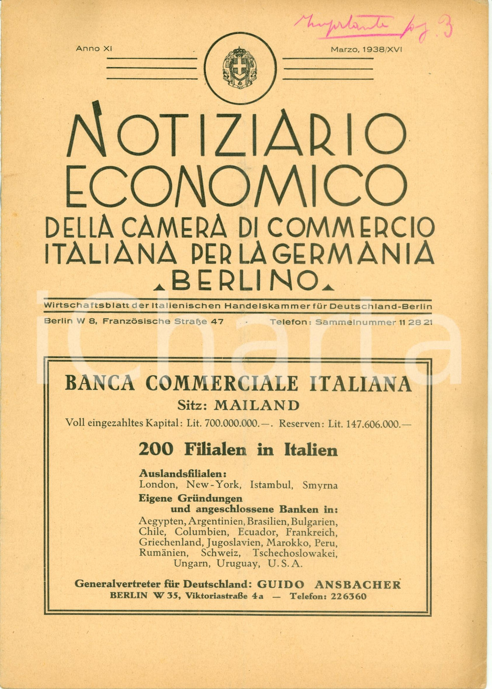 Documento originale, autentico 1938 BERLIN Camera di Commercio Italiana Cenni su economia AUSTRIA Rivista 1