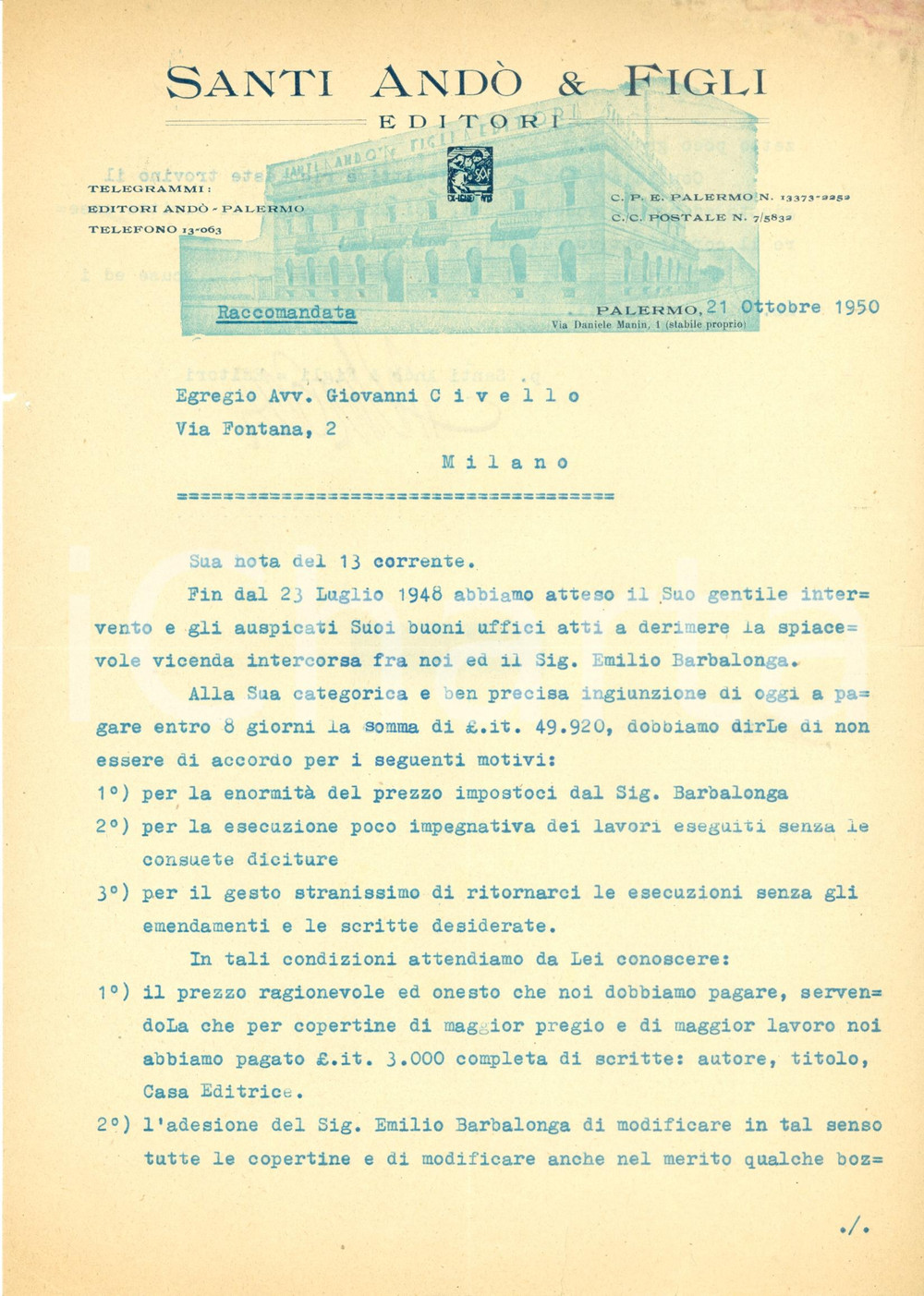 Manoscritto, lettera originale 1950 PALERMO Editori Santi ANDO  & Figli vs Emilio BARBALONGA tipografo Lettera 1