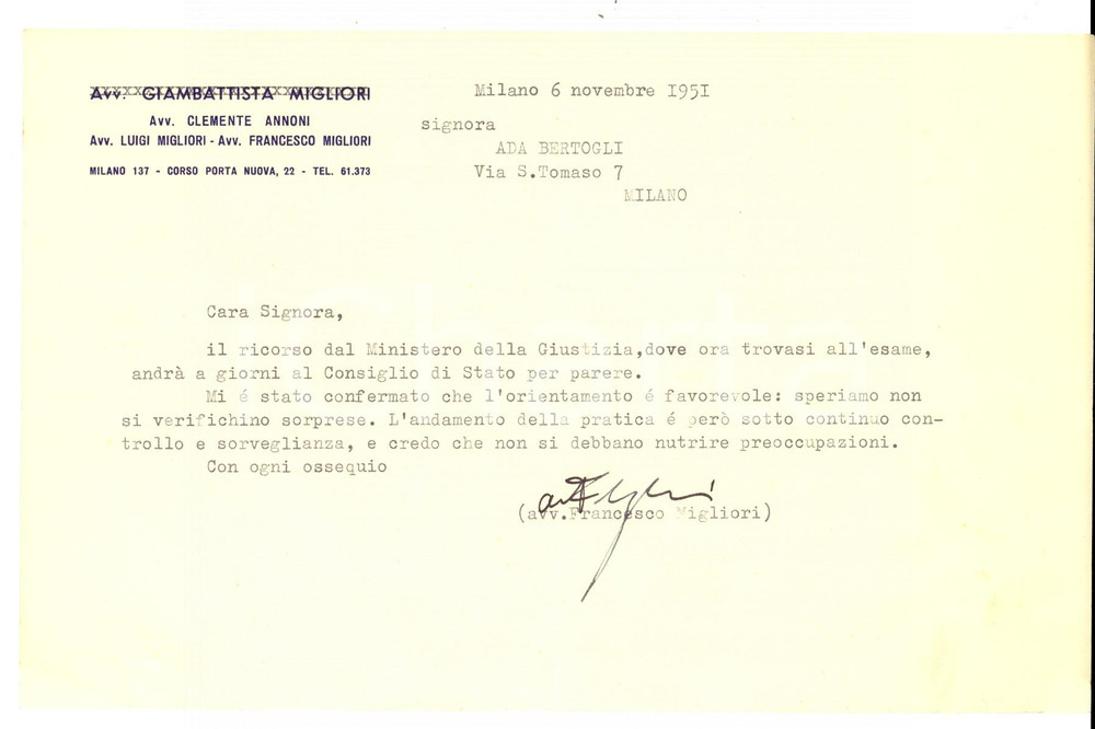 Autografo originale 1951 MILANO Lettera avv. Francesco MIGLIORI ad Ada BERTOGLI Autografo 1