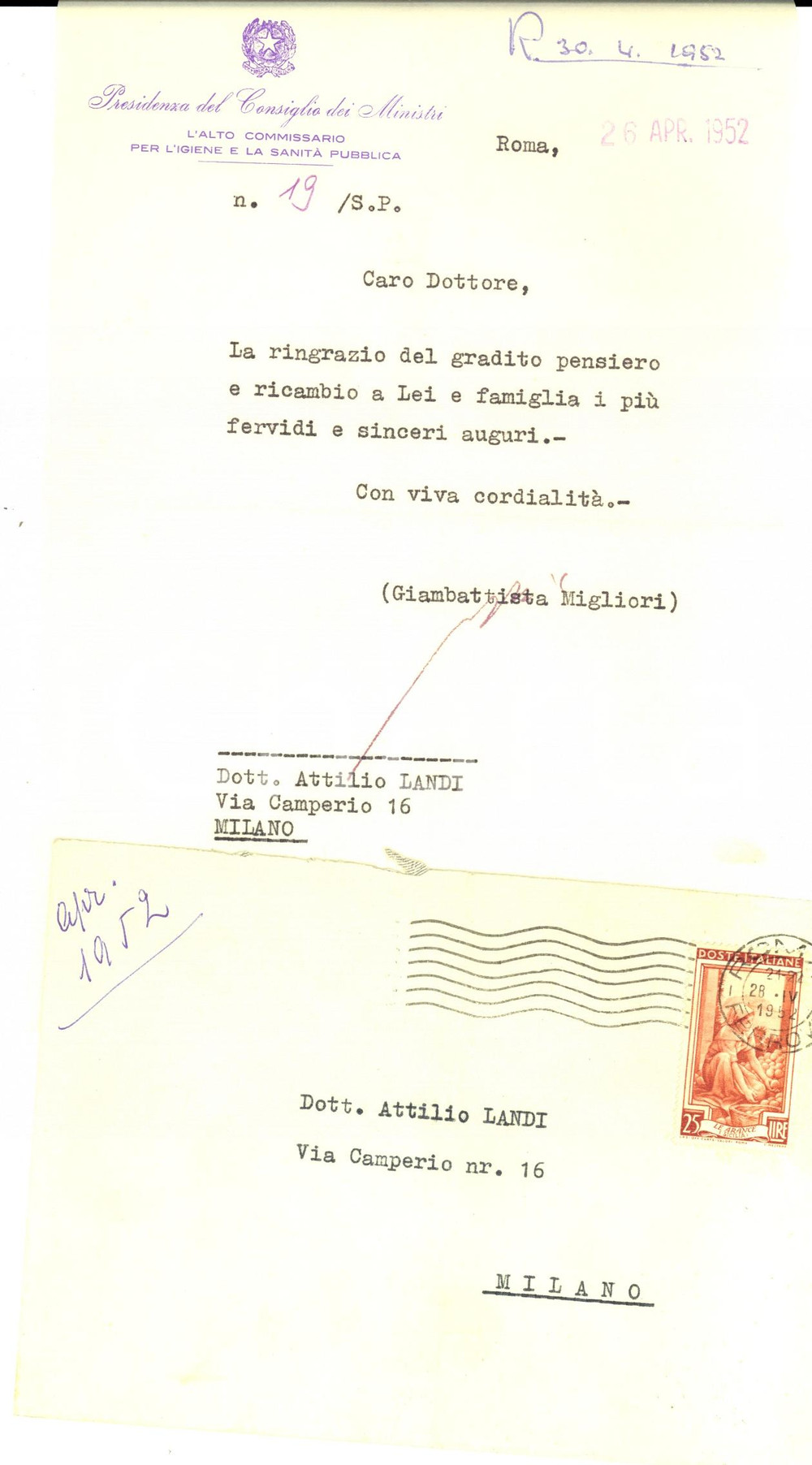 Autografo originale 1952 ROMA Alto Commissario per l Igiene Pubblica Giambattista MIGLIORI Autografo 1