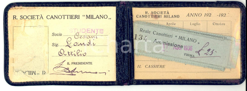 Oggetto da collezione cartaceo 1936 MILANO Regia SocietÃ  Canottieri  Tessera Attilio LANDI 1