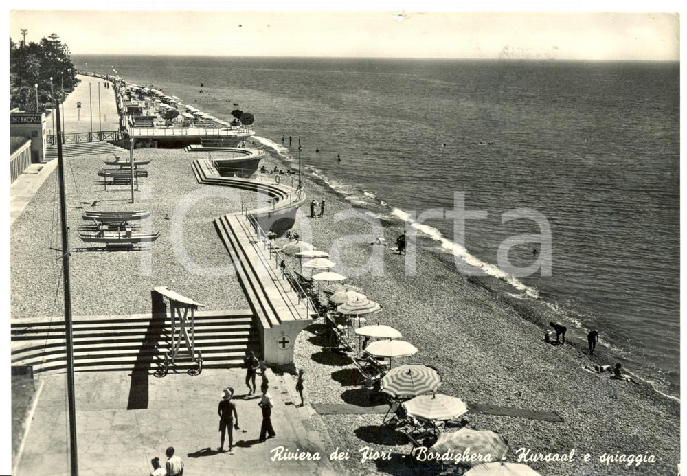 Cartolina originale da collezione 1954 BORDIGHERA IM spiaggia e KURSAAL  Cartolina postale FG VG ANIMATA 1