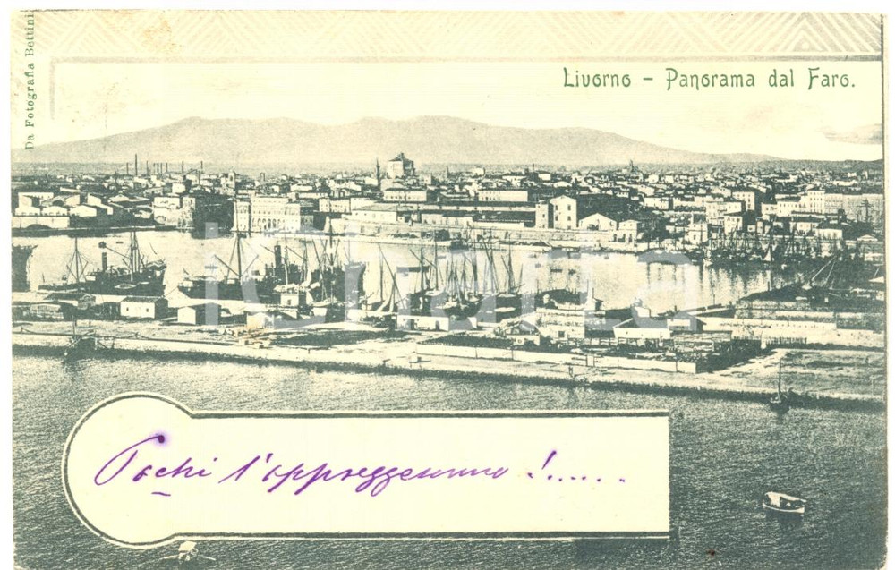 Cartolina originale da collezione 1905 LIVORNO Panorama del porto dal faro Cartolina FP VG ANIMATA DANNEGGIATA 1