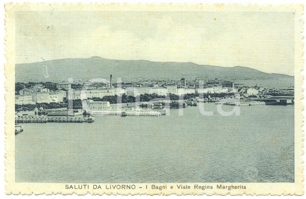 Cartolina originale da collezione 1919 LIVORNO Bagni e viale REGINA MARGHERITA Cartolina postale FP VG DANNEGGIATA 1