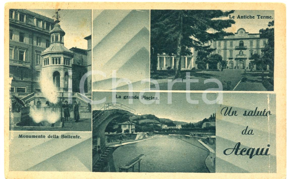 Cartolina originale da collezione 1941 ACQUI TERME AL Vedutine con antiche terme Cartolina FP VG ANIMATA 1
