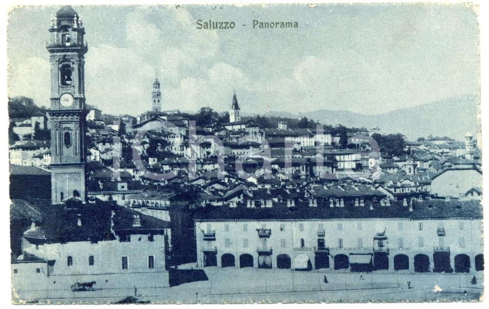 Cartolina originale da collezione 1918 SALUZZO CN Panorama con albergo AQUILA D ORO Cartolina FP VG ANIMATA 1
