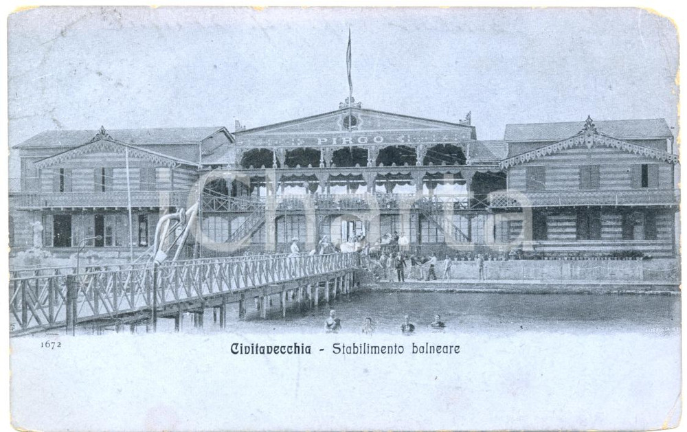 Cartolina originale da collezione 1915 CIVITAVECCHIA RM Veduta dello stabilimento balneare FP VG ANIMATA 1