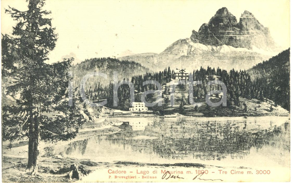 Cartolina originale da collezione 1908 CADORE BL Veduta del lago di MISURINA e delle TRE CIME  Cartolina FP NV 1