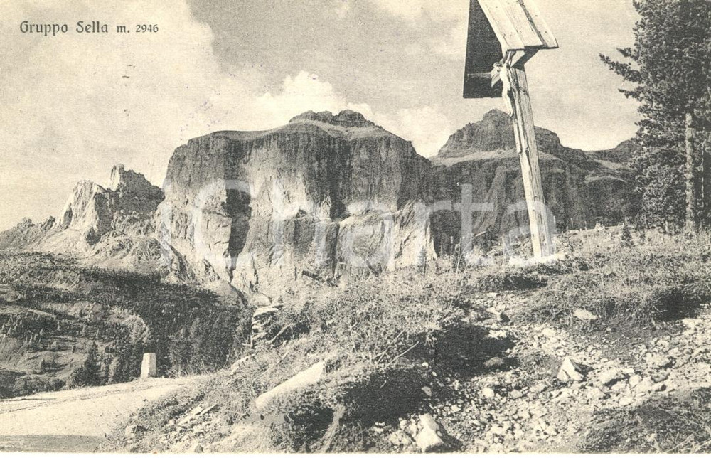 Cartolina originale da collezione 1937 PASSO PORDOI TN Veduta del GRUPPO SELLA e timbro dell albergo COL DI LANA 1