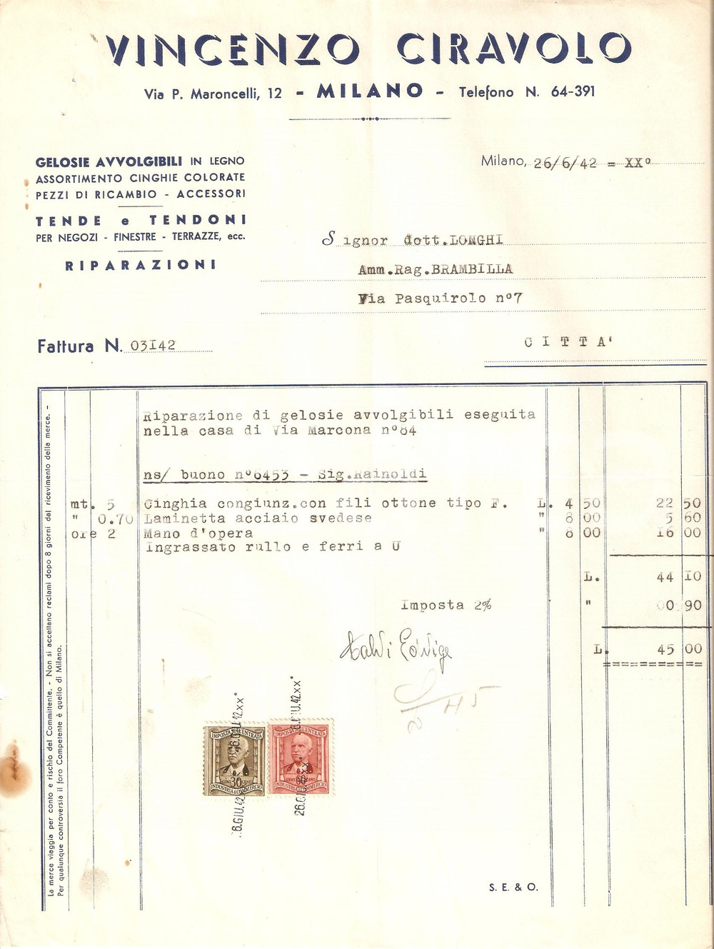 Documento originale, autentico 1942 MILANO Via Maroncelli 12 Vincenzo CIRAVOLO Gelosie avvolgibili  Fattura 1