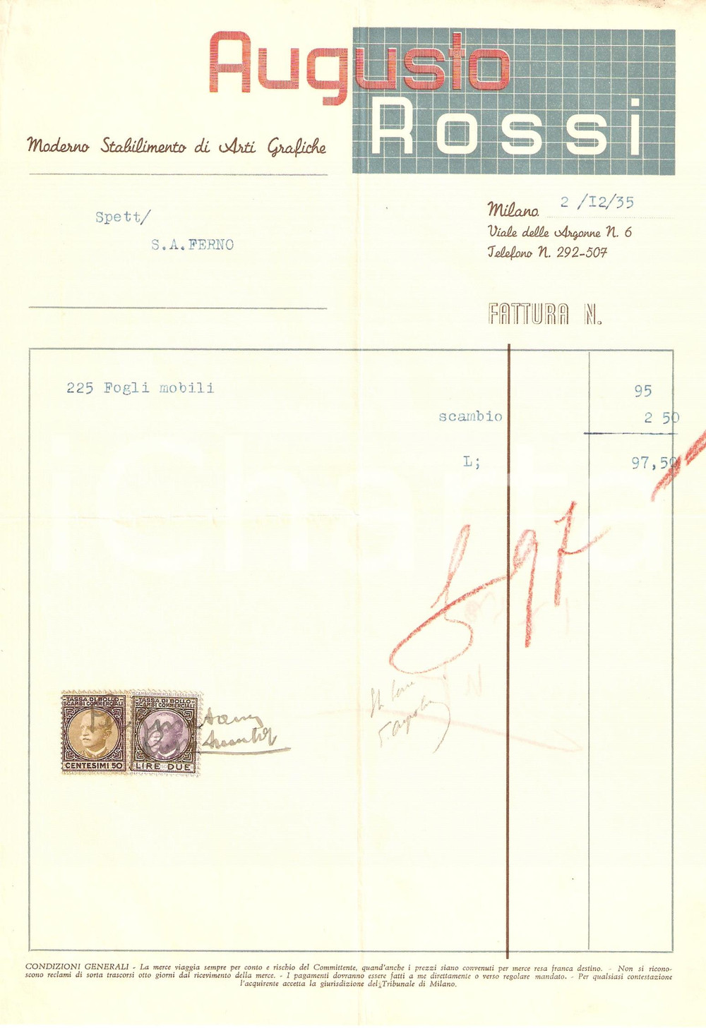 Documento originale, autentico 1935 MILANO Stabilimento Augusto ROSSI Arti grafiche Fattura 1