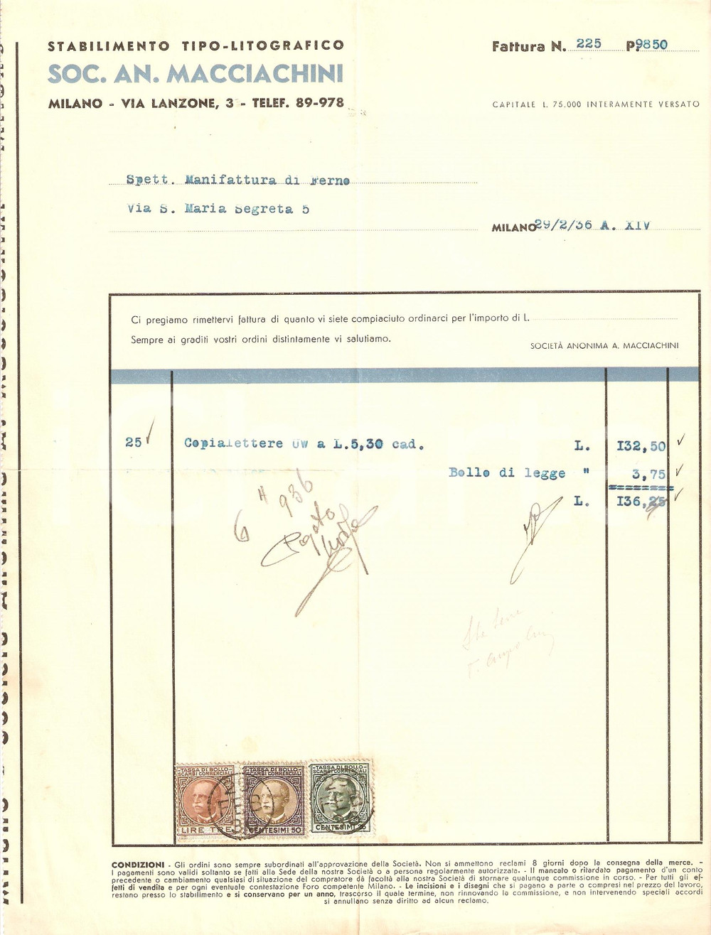 Documento originale, autentico 1936 MILANO SocietÃ  anonima MACCIACHINI Stabilimento tipolitografico Fattura 1