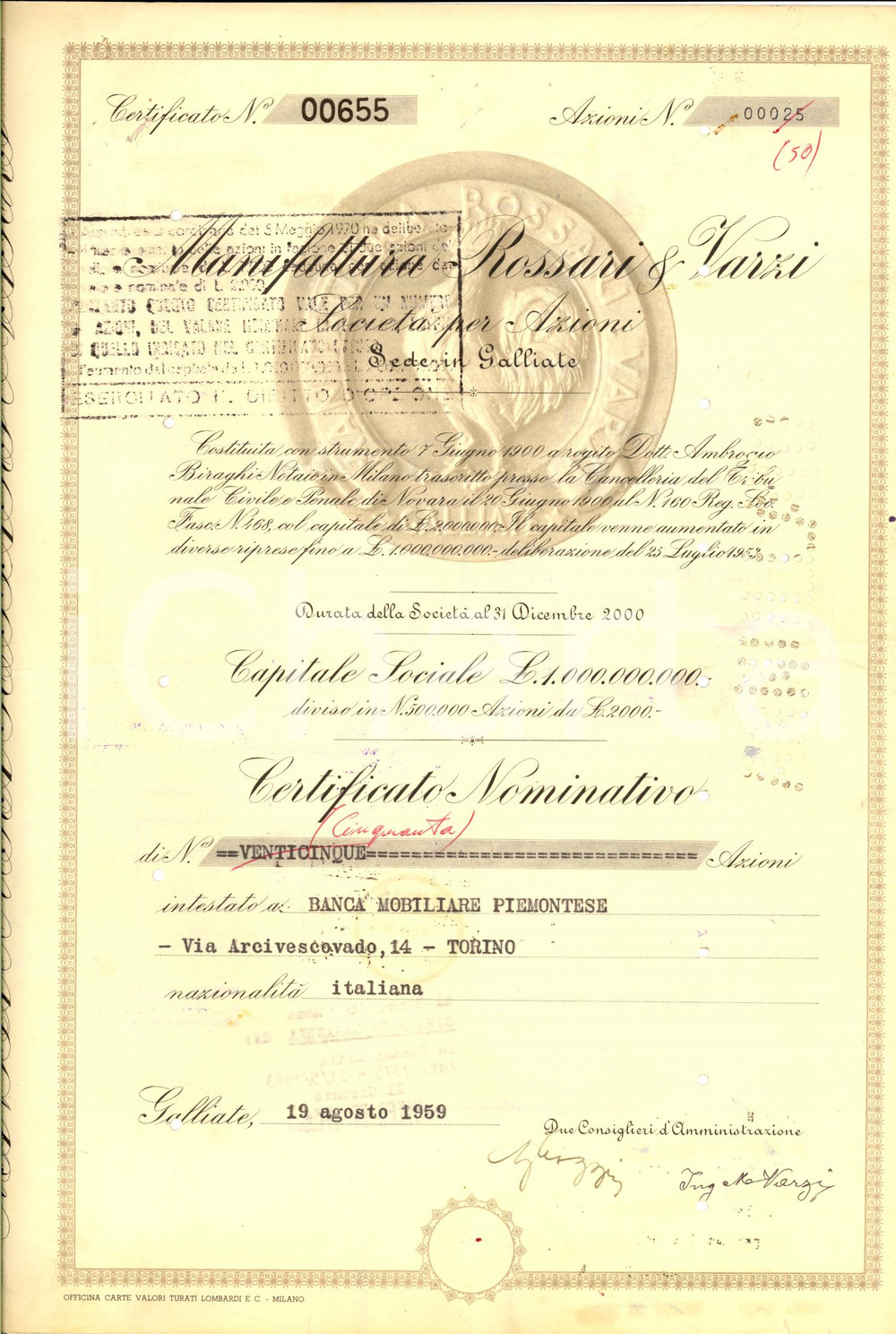 Oggetto da collezione cartaceo 1959 GALLIATE NO Manifattura ROSSARI E BRAZZI certificato azionario NOVE CEDOLE 1