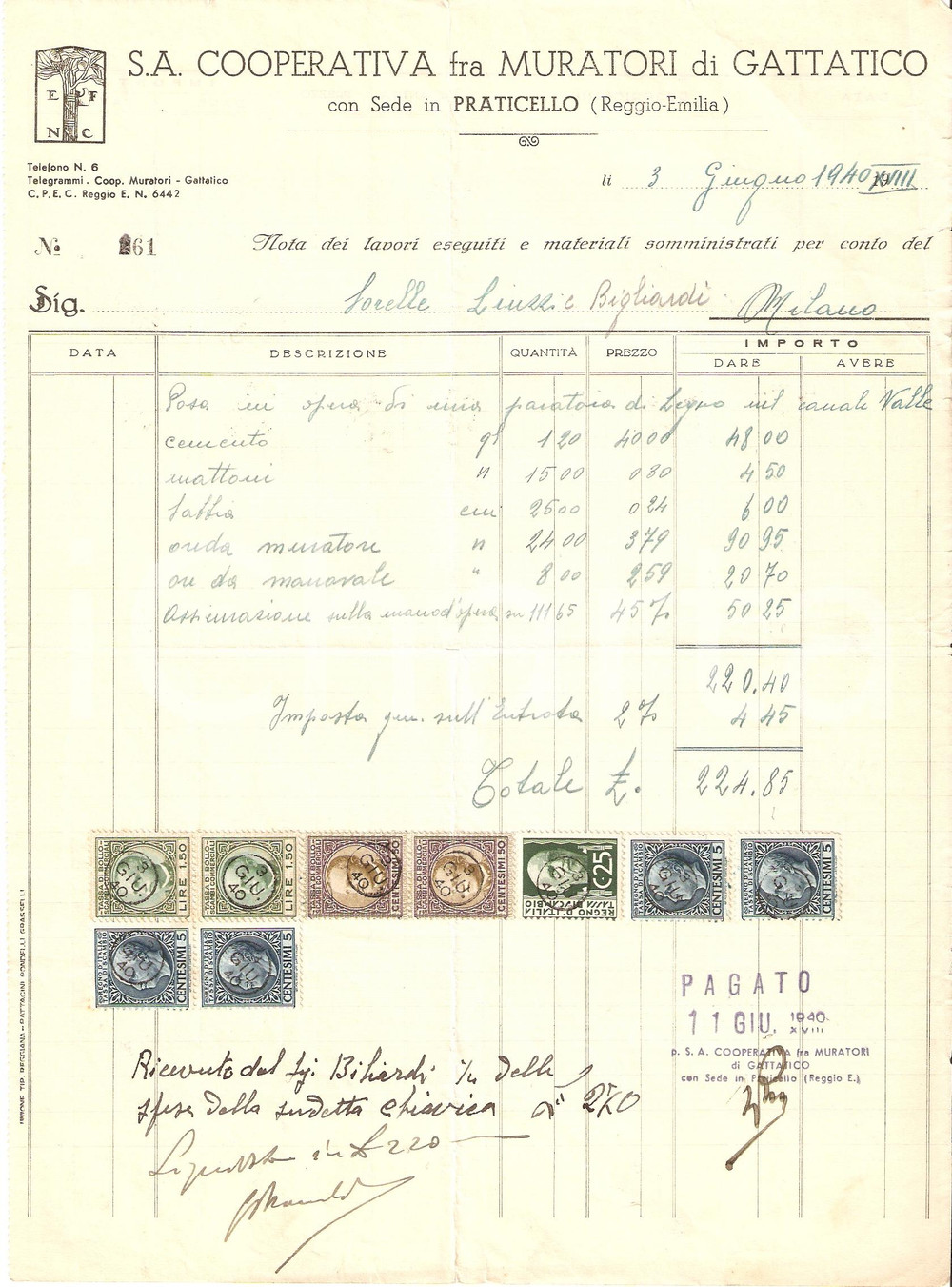Documento originale, autentico 1940 GATTATICO Frazione PRATICELLO RE Cooperativa Nazionale EDILE Fattura 1