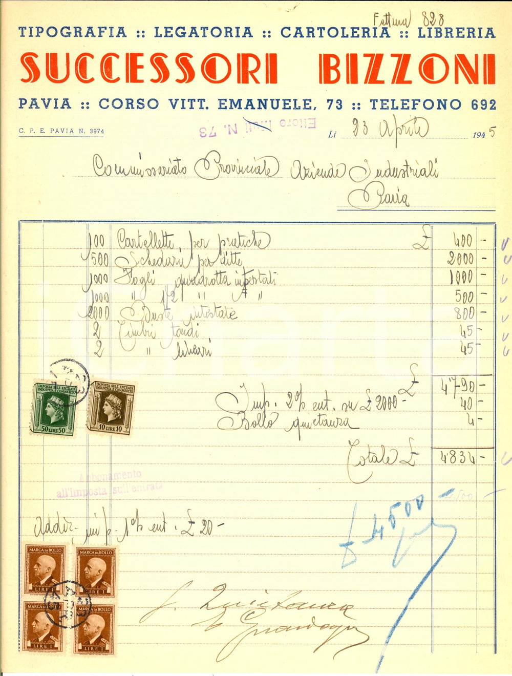 Documento originale, autentico 1945 PAVIA Ditta Successori BIZZONI Tipografia Legatoria Cartoleria Fattura 1