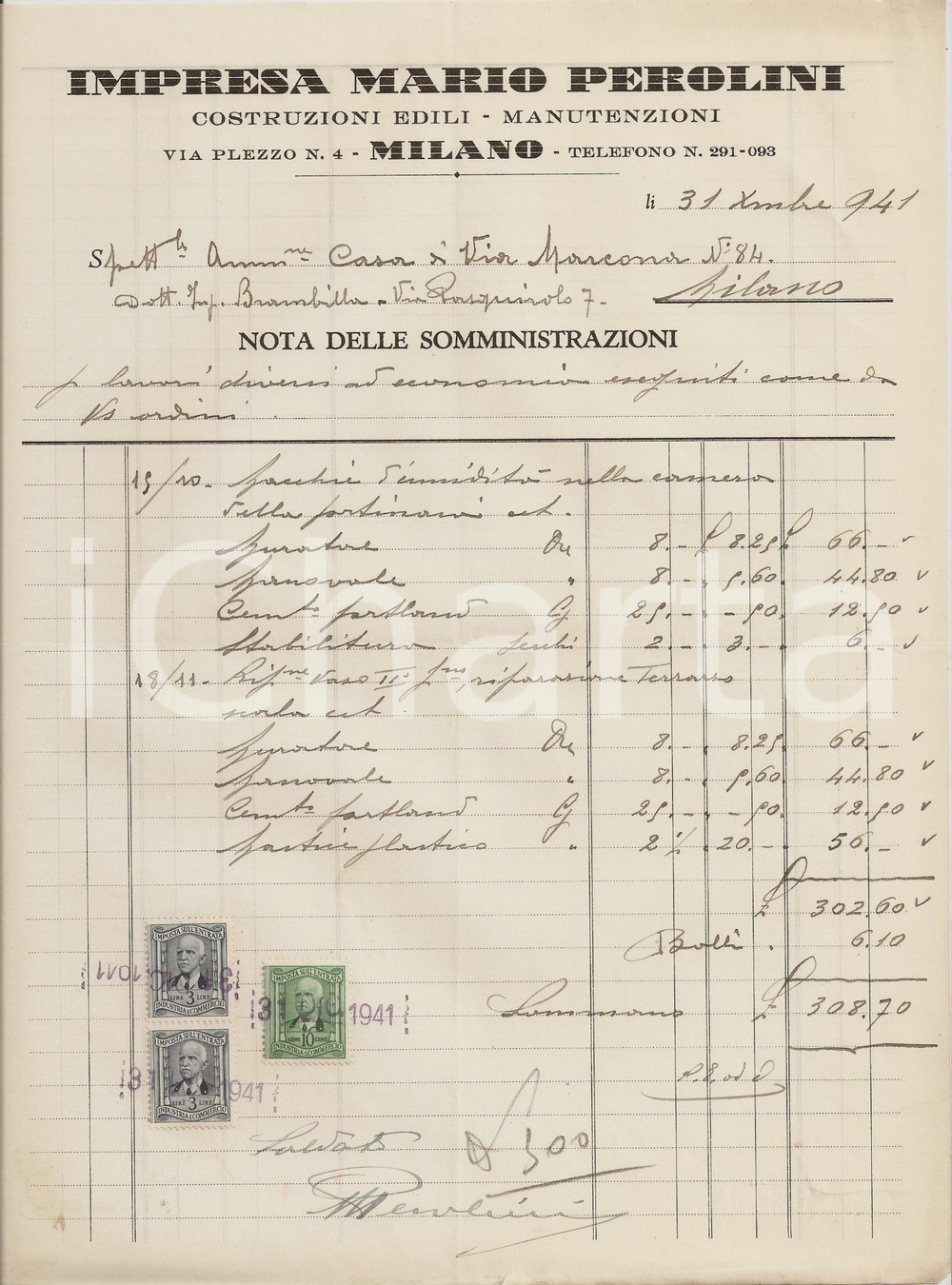 Documento originale, autentico 1941 MILANO Impresa Mario PEROLINI Costruzioni edili Manutenzioni Fattura 1