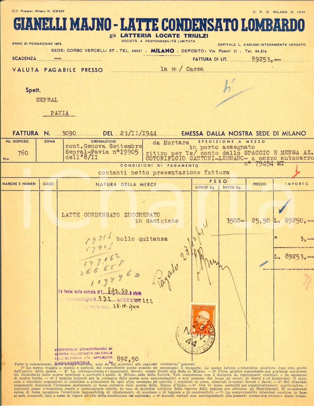 Documento originale, autentico 1944 RSI MILANO Latte Condensato GIANELLI MAJNO Latteria LOCATE TRIULZI Fattura 1