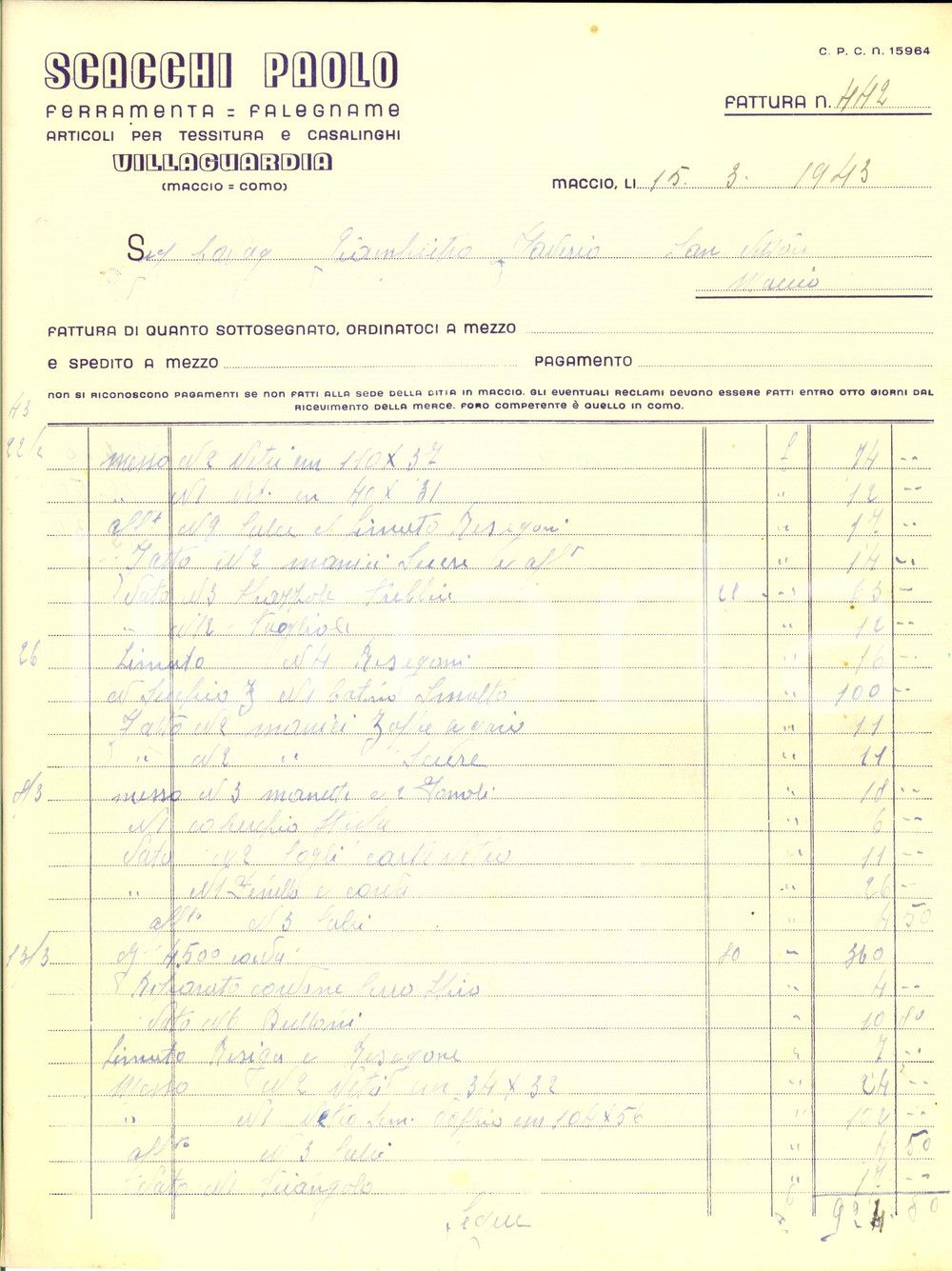 Documento originale, autentico 1943 VILLA GUARDIA CO Ferramenta Paolo SCACCHI frazione MACCIO Fattura 1