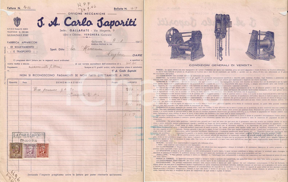 Documento originale, autentico 1946 GALLARATE VA S.A. Carlo SAPORITI Officine meccaniche VERGHERA Fattura 1