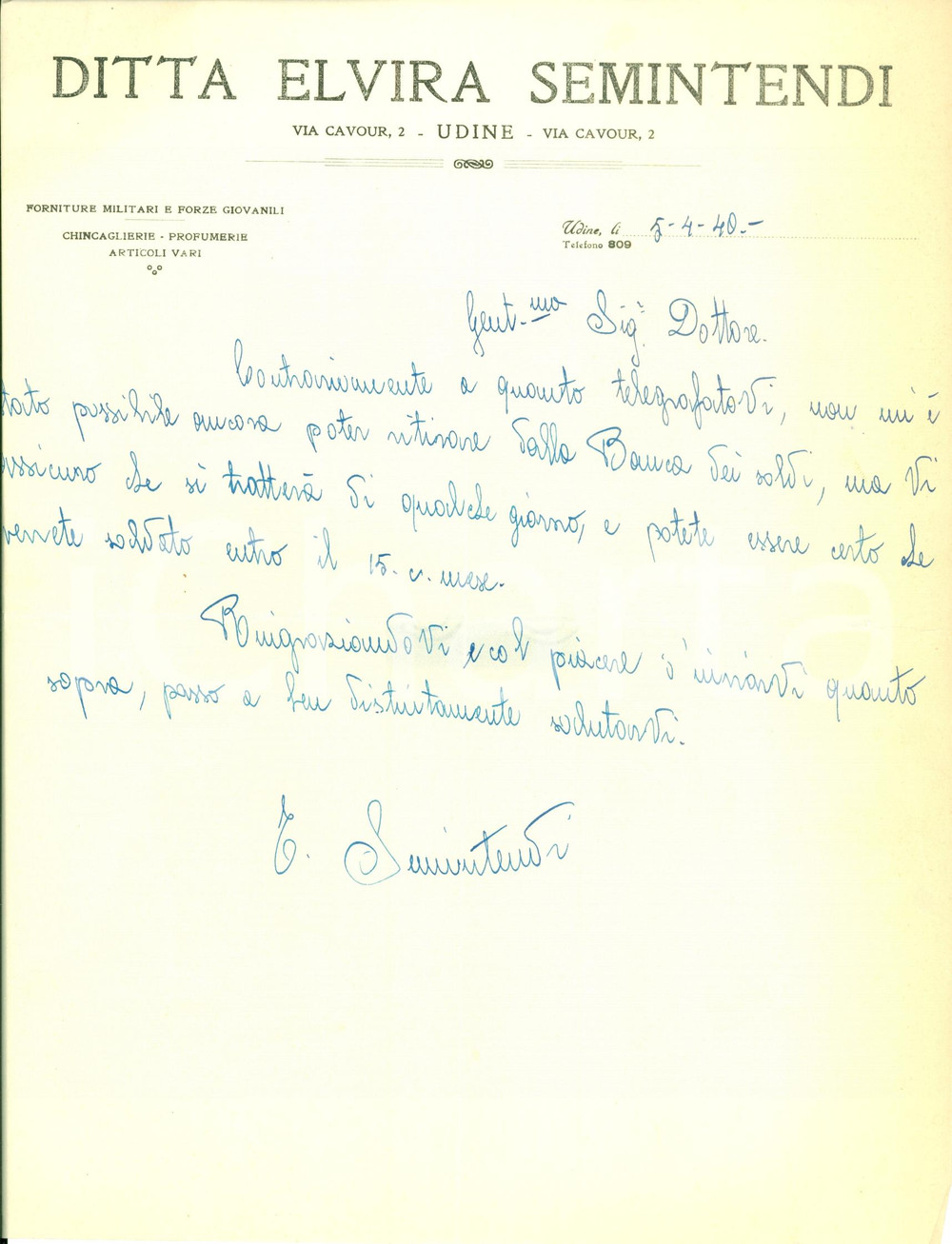 Documento originale, autentico 1940 UDINE WWII Elvira SEMINTENDI profumerie forniture militari Lettera 1