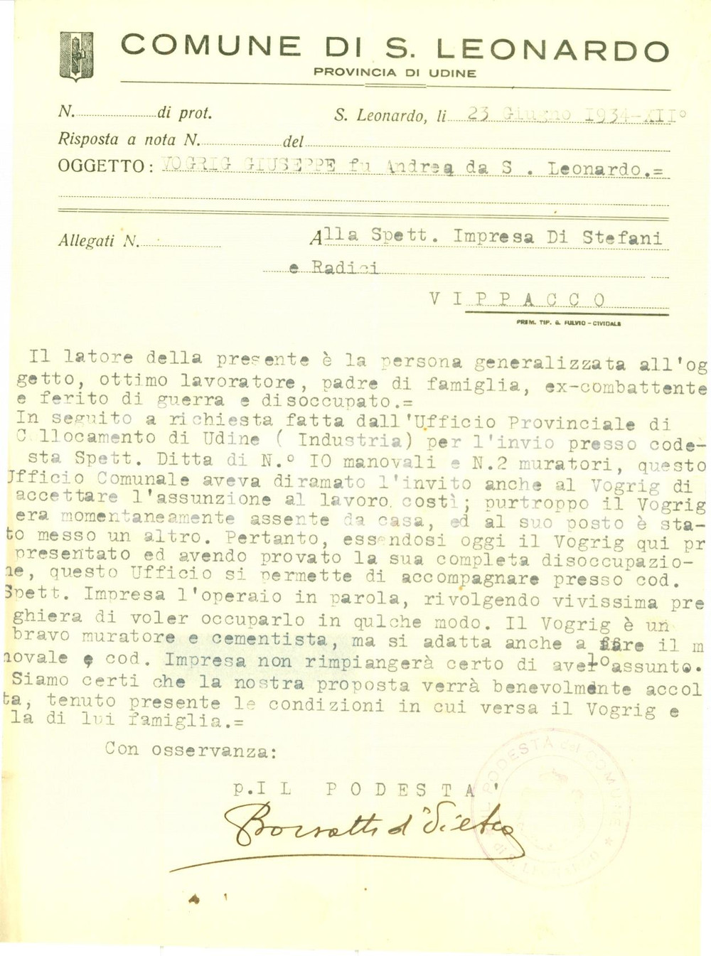 Documento originale, autentico 1934 SAN LEONARDO UD Giuseppe VOGRIG ottimo muratore e cementista Lettera 1