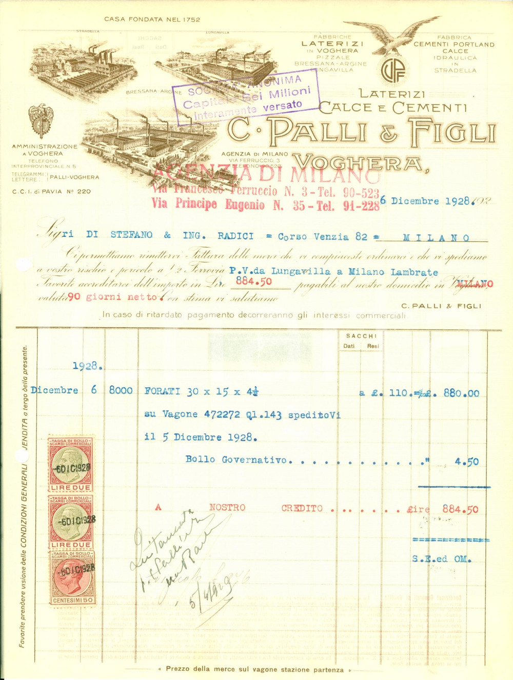 Documento originale, autentico 1928 VOGHERA PV Laterizi PALLI & FIGLI Stabilimenti LUNGAVILLA e BRESSANA 1