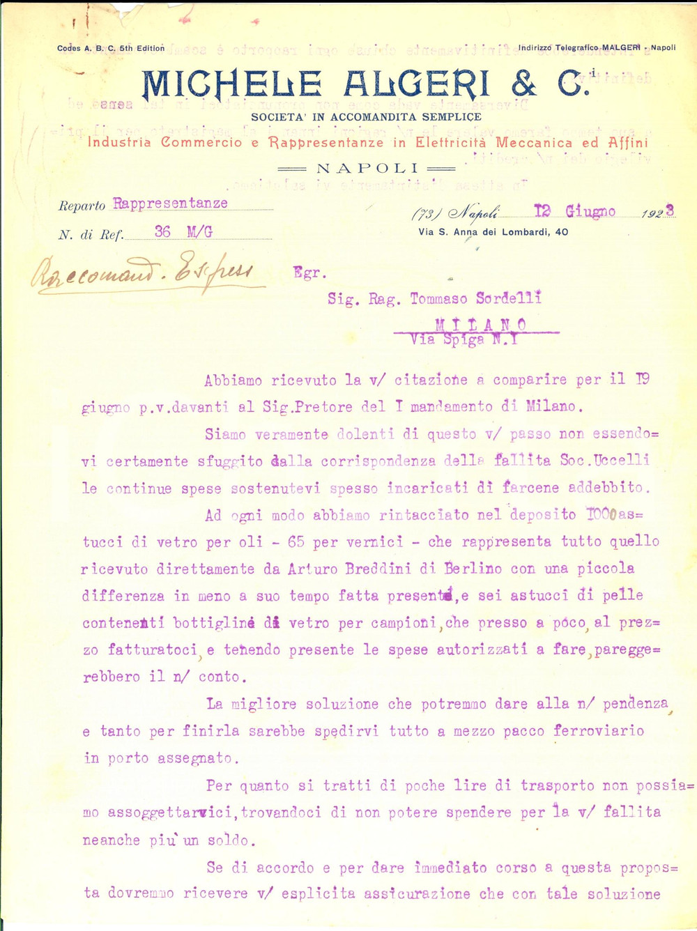 Documento originale, autentico 1923 NAPOLI Michele ALGERI ElettricitÃ  Meccanica e affini Lettera commerciale 1