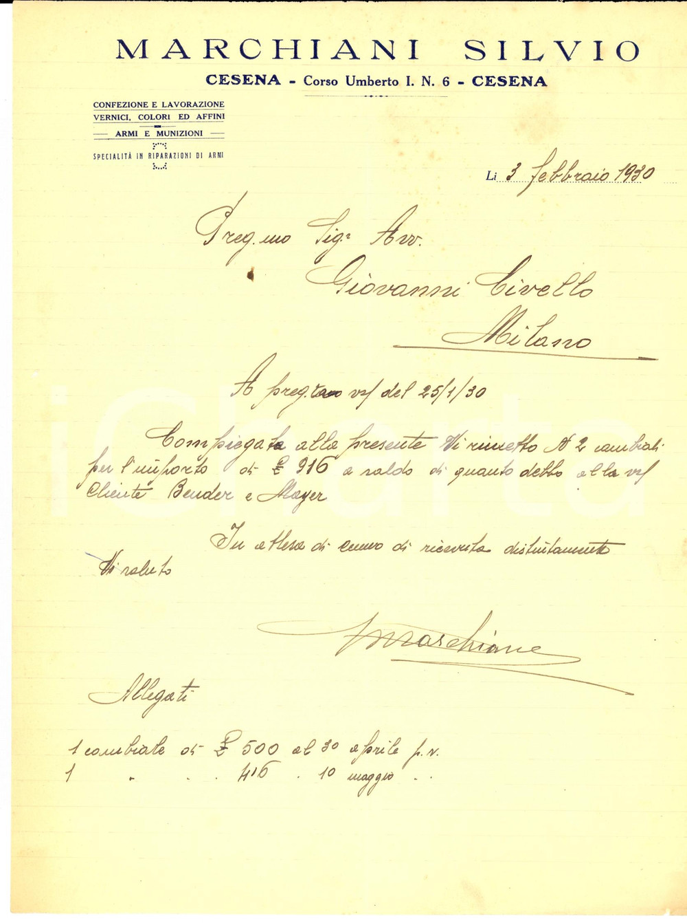 Documento originale, autentico 1930 CESENA Silvio MARCHIANI Armi e munizioni Fattura intestata 1
