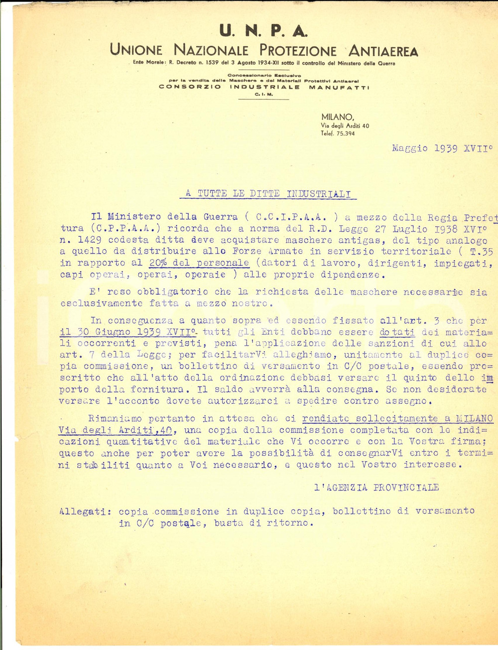 Documento originale, autentico 1939 MILANO UNPA Obbligo acquisto maschere antigas per le industrie 1