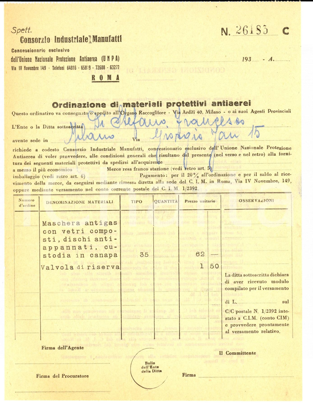 Documento originale, autentico 1939 MILANO Ditta Francesco DI STEFANO acquista maschere antigas per dipendenti 1