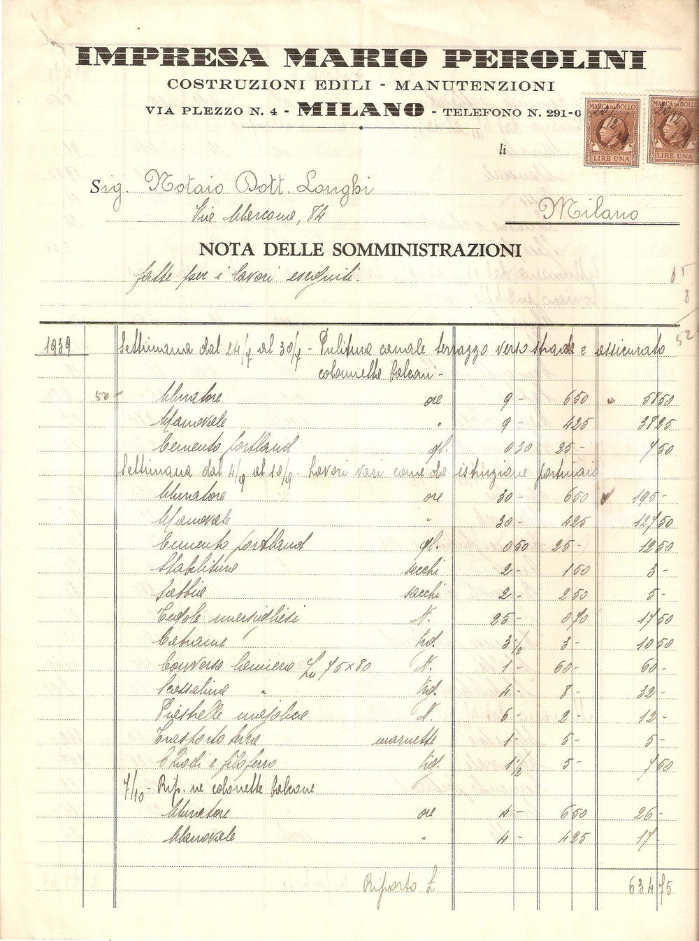Documento originale, autentico 1939 MILANO Impresa Mario PEROLINI Costruzioni edili via PLEZZO Fattura 1