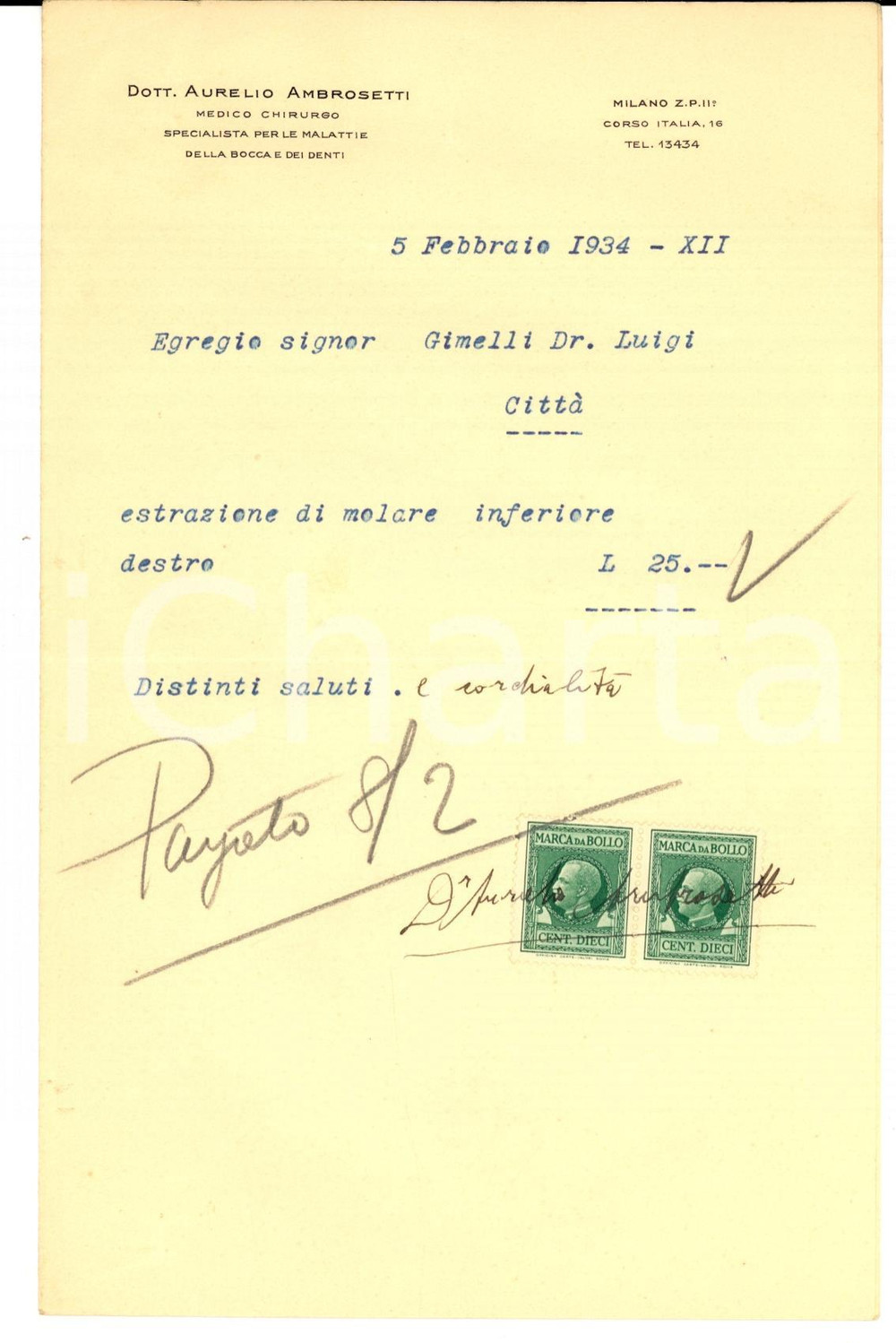 Documento originale, autentico 1934 MILANO Parcella del chirurgo dentista Aurelio AMBROSETTI Autografo 1