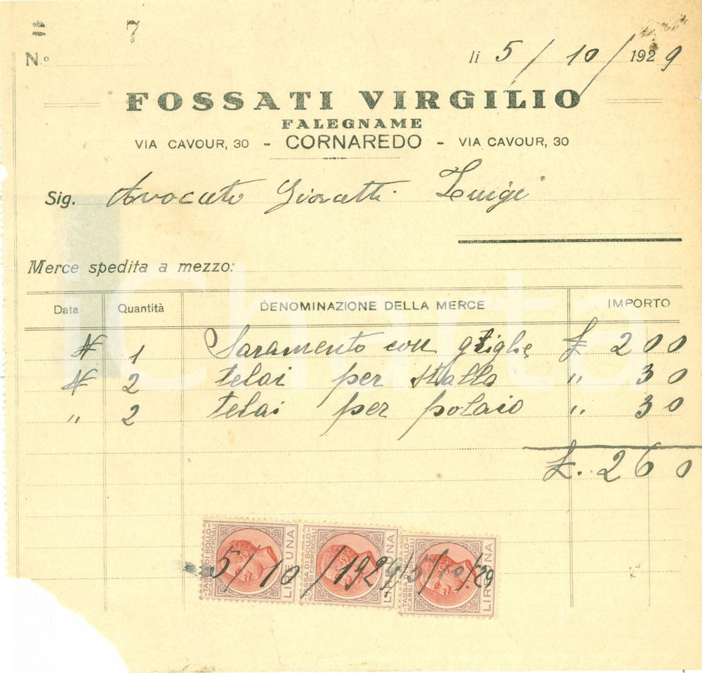 Documento originale, autentico 1929 CORNAREDO MI Falegname Virgilio FOSSATI Fattura commerciale 1