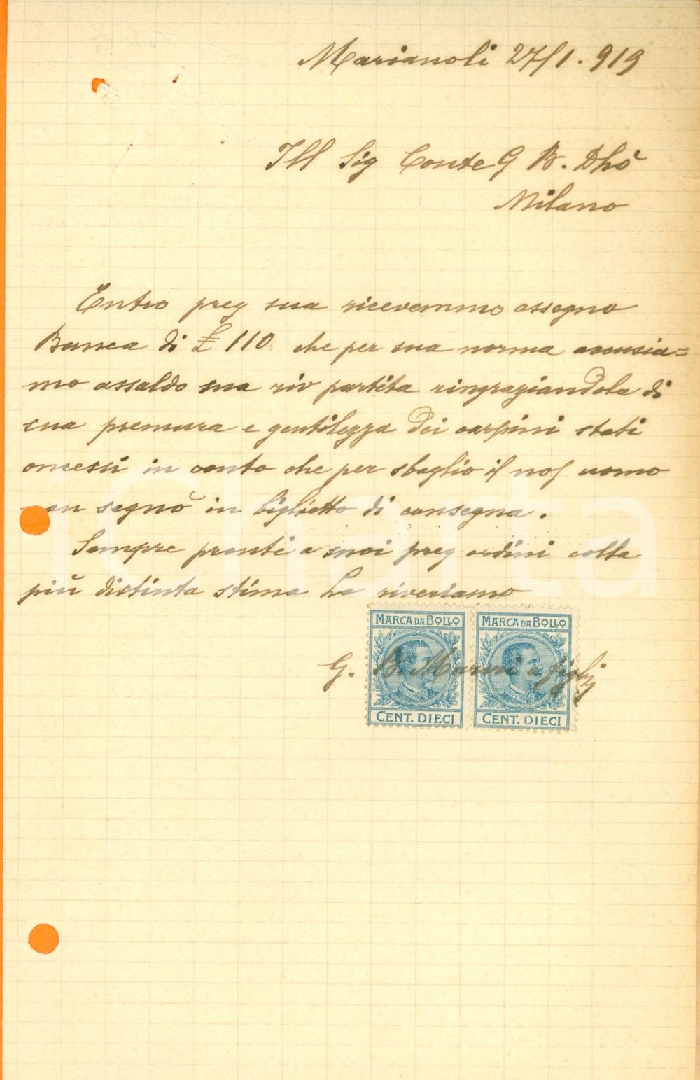 Documento originale, autentico 1919 MARIANO COMENSE CO Giovanni Battista MAURI & Figli botanici Real Casa 1