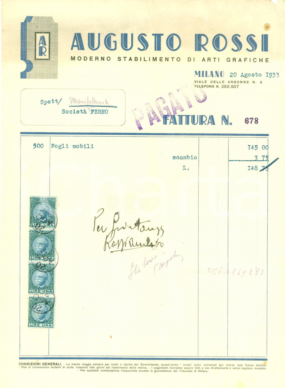 Documento originale, autentico 1933 MILANO Augusto ROSSI Moderno stabilimento arti grafiche Fattura 1