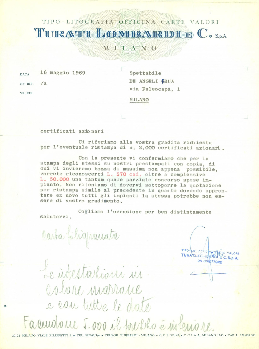Manoscritto, lettera originale 1969 MILANO Officina carte valori TURATI LOMBARDI & C certificati DE ANGELIFRUA 1