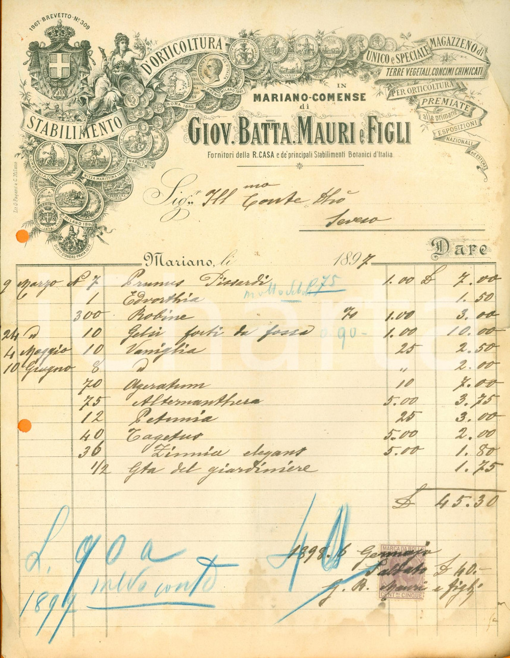 Documento originale, autentico 1897 MARIANO COMENSE Giovanni Battista MAURI & Figli botanici Real Casa Fattura 1