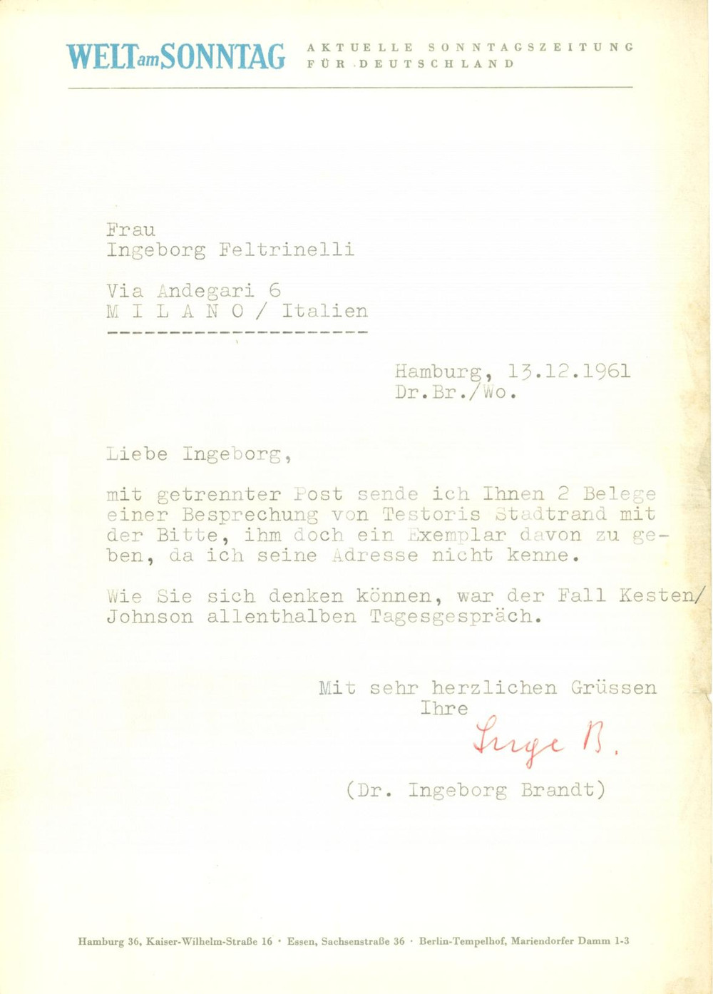 Manoscritto, lettera originale 1961 HAMBURG Ingeborg BRANDT conferenza Giovanni TESTORI Welt am Sonntag 1