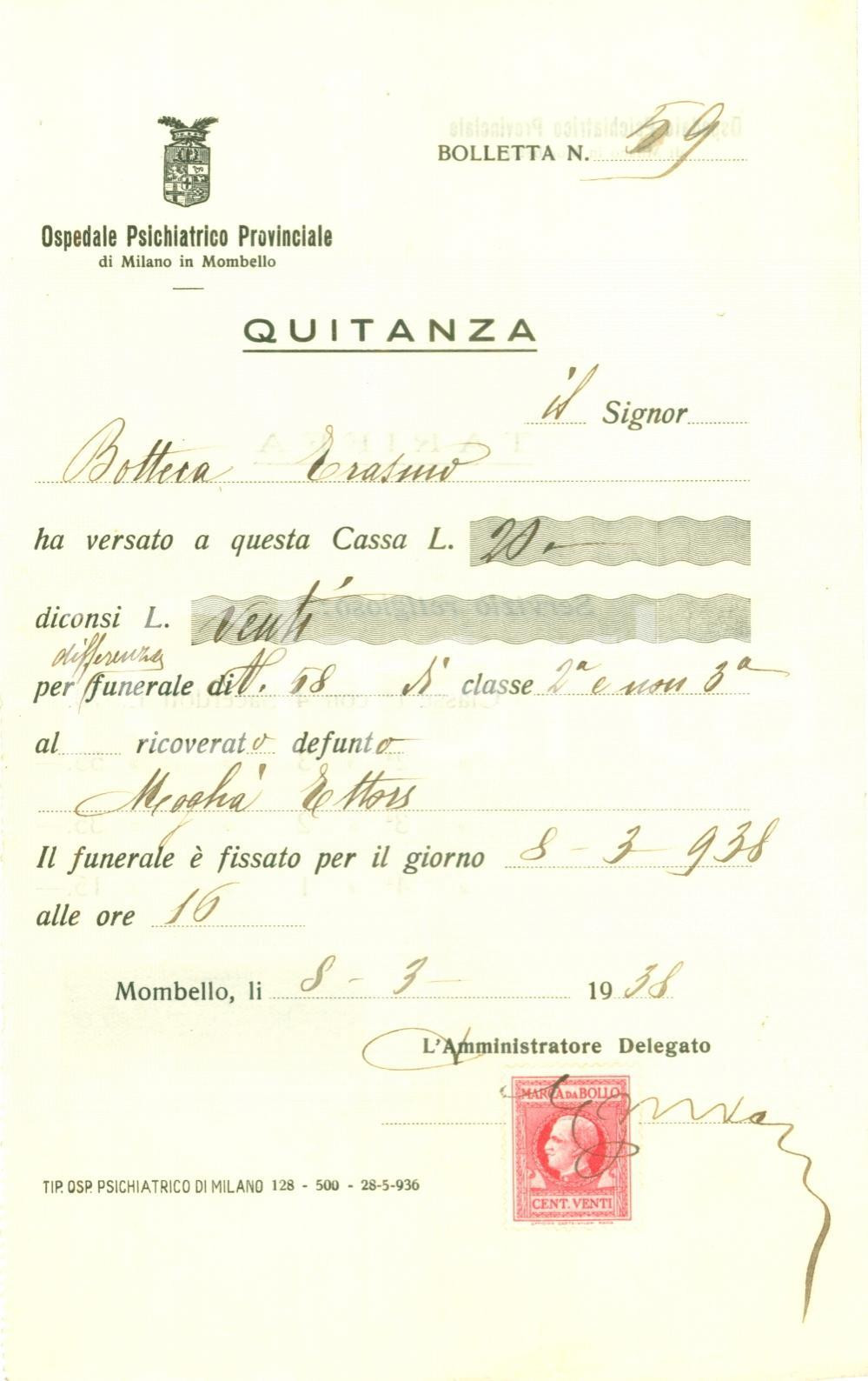 Documento originale, autentico 1938 LIMBIATE MI Ospedale psichiatrico MOMBELLO Funerali Ettore MOGLIA 1