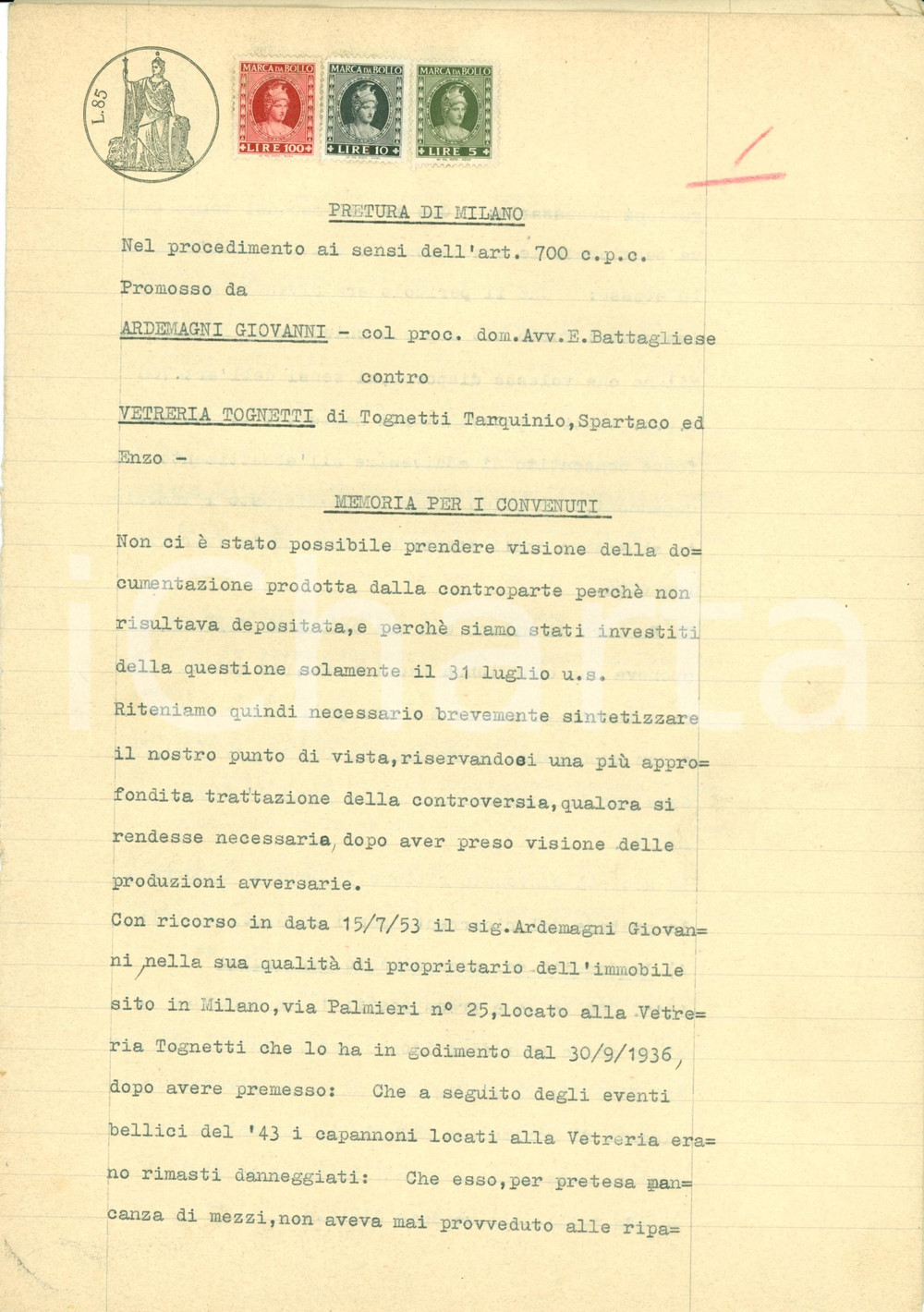 Documento originale, autentico 1953 MILANO Capannoni Vetreria TOGNETTI danneggiati da guerra Documento 1