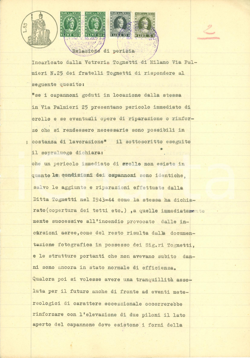 Documento originale, autentico 1953 MILANO Capannoni Vetreria TOGNETTI non rischiano di crollare danni guerra 1