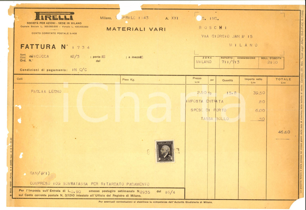 Documento originale, autentico 1943 MILANO SocietÃ  PIRELLI Fornitura di materiali Fattura intestata 1