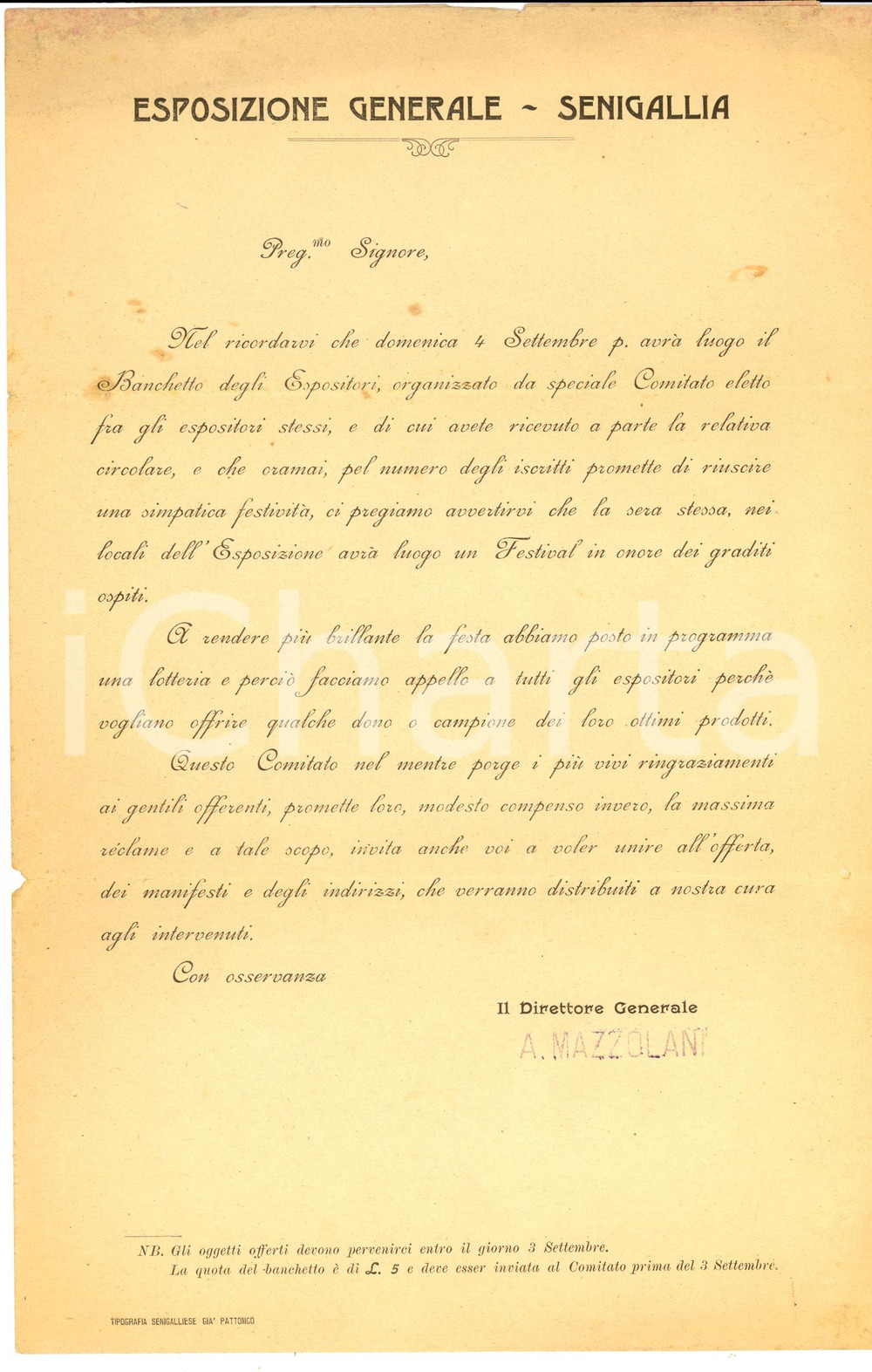 Manoscritto, lettera originale 1904 SENIGALLIA AN Festival e Lotteria all ESPOSIZIONE GENERALE Lettera 1