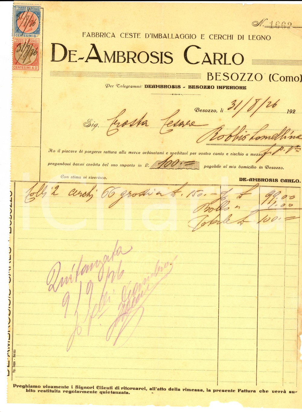 Manoscritto, lettera originale 1926 BESOZZO CO Carlo DE AMBROSIS Ceste d imballaggio e cerchi di legno 1