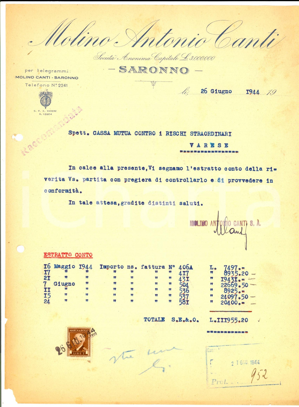 Manoscritto, lettera originale 1944 SARONNO VA Molino Antonio CANTI alla Cassa Mutua Rischi Lettera 1