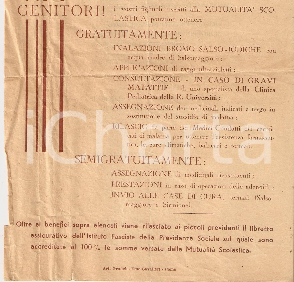 Documento originale, autentico 1930 ca COMO PREVIDENZA SOCIALE Volantino mutualitÃ  scolastica PROPAGANDA 1