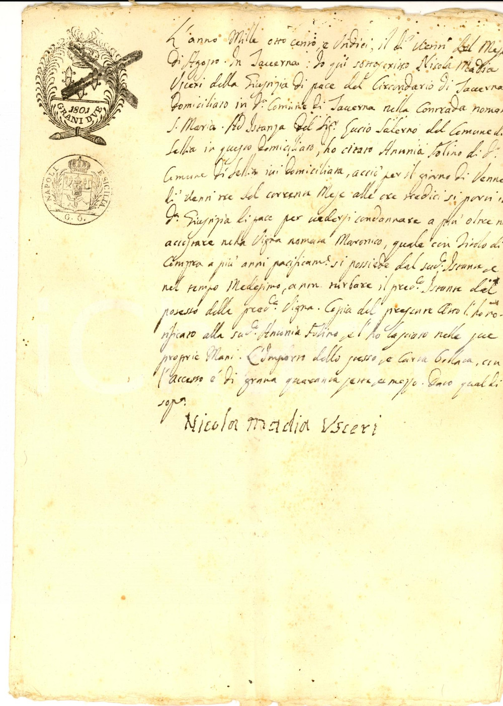 Documento originale, autentico 1811 TAVERNA CZ Antonia FOLINO condannata per vigna di Lucio SALERNO 1