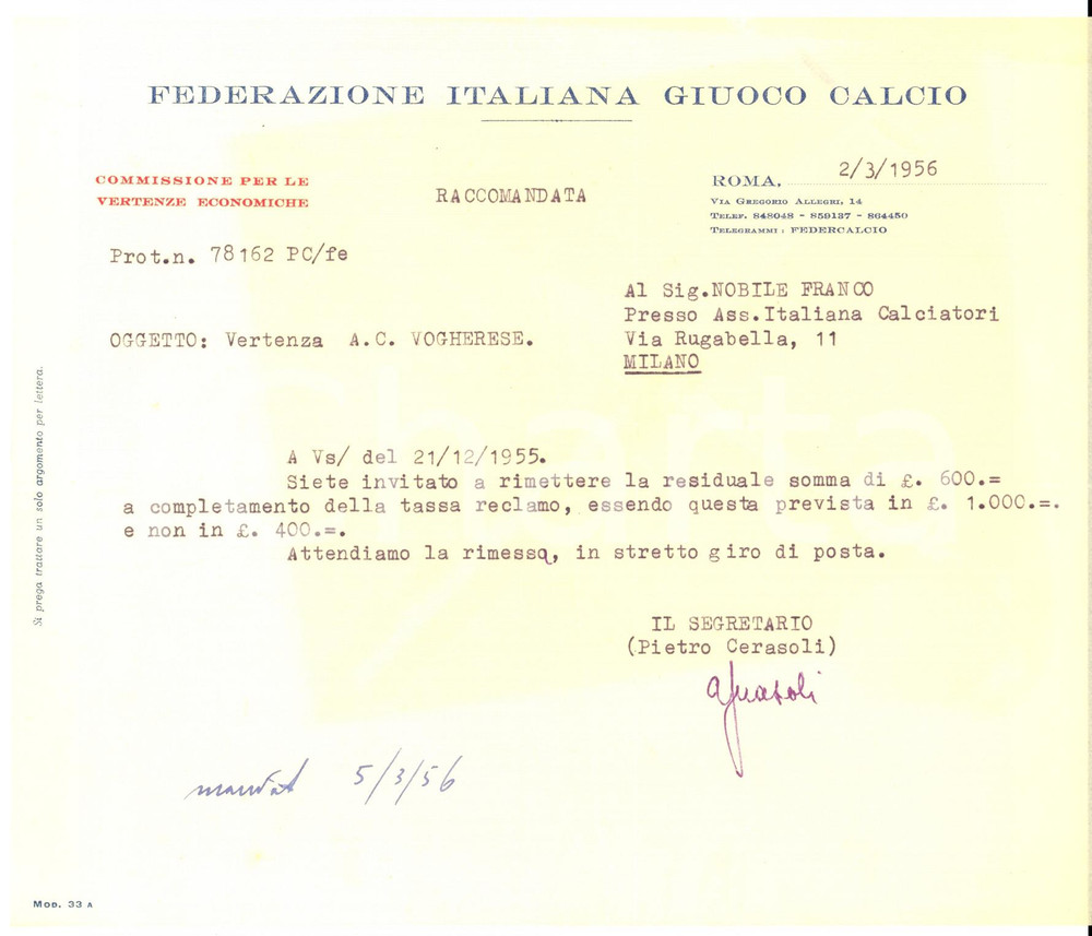 Autografo originale 1956 CALCIO Lettera FIGC a Franco NOBILE giocatore VOGHERESE per reclamo 1