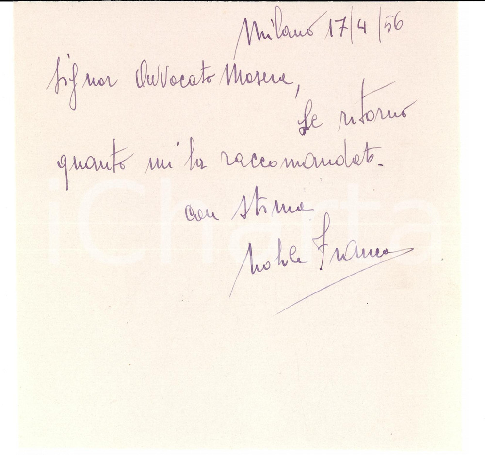 Autografo originale 1956 CALCIO VOGHERESE Franco NOBILE all avv. Carlo MASERA Autografo 1