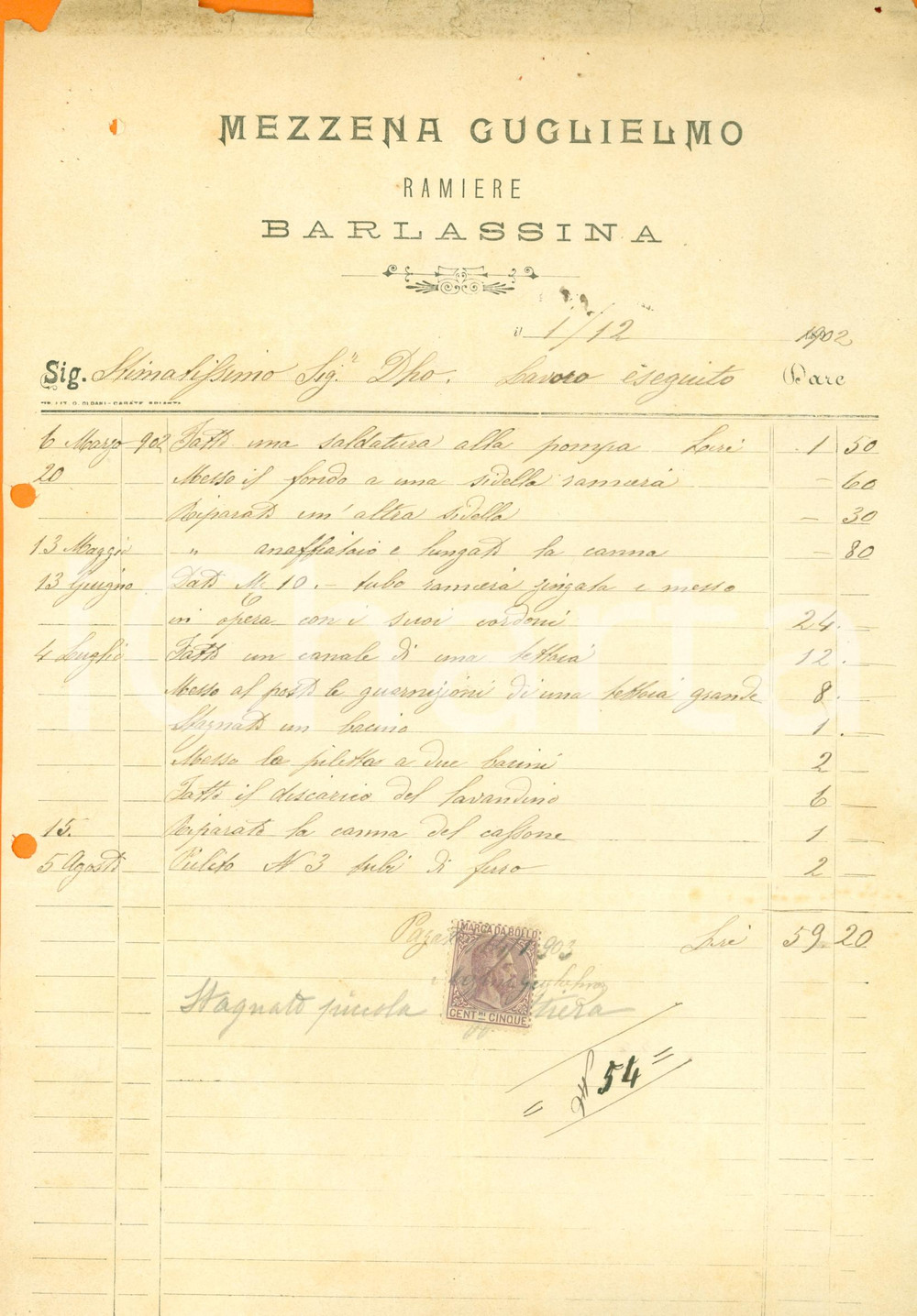 Documento originale, autentico 1902 BARLASSINA MB Guglielmo MEZZENA ramiere Fattura commerciale 1